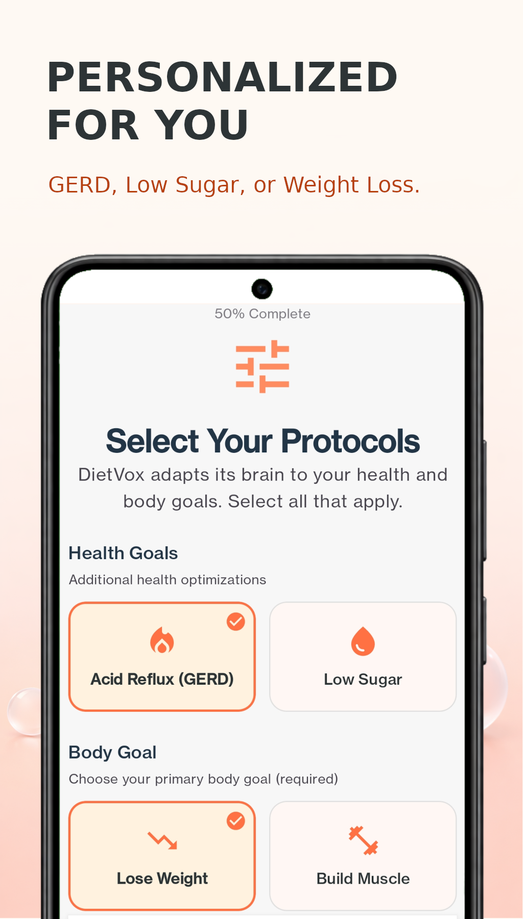 DietVox protocol selection screen for GERD, Low Sugar, and Weight Loss goals